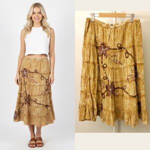 Vintage Boho Brown Floral Pattern Cottagecore Hippie Festival A Line Midi Skirt.